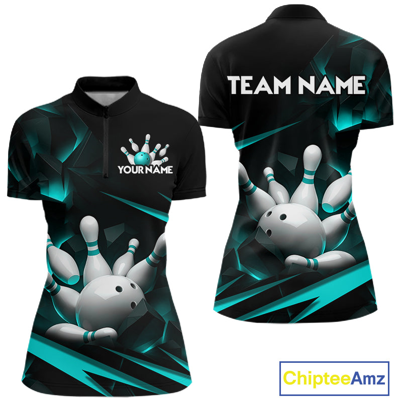 Personalized Bowling 1/4 Quarter Zip Polo Turquoise Black Bowling Ball Jersey For Women NHT1347