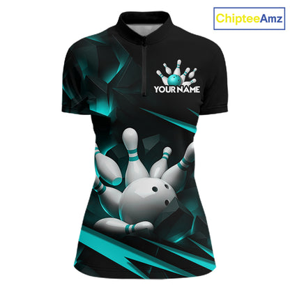 Personalized Bowling 1/4 Quarter Zip Polo Turquoise Black Bowling Ball Jersey For Women NHT1347