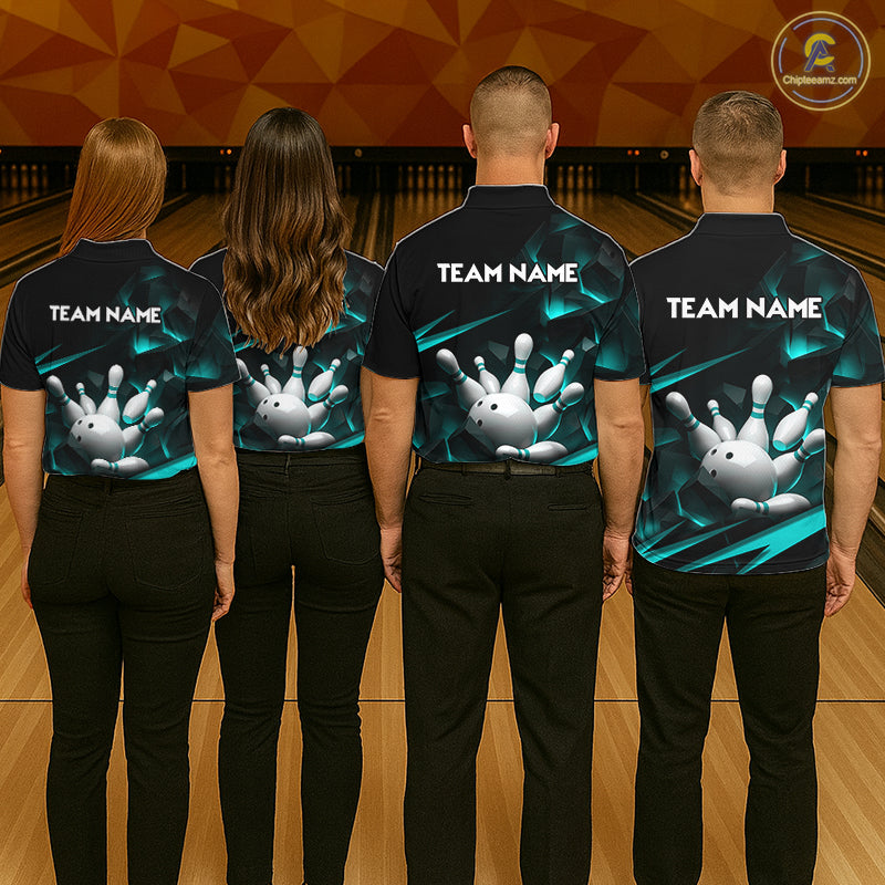 Personalized Bowling 1/4 Quarter Zip Polo Turquoise Black Bowling Ball Jersey For Men NHT1347