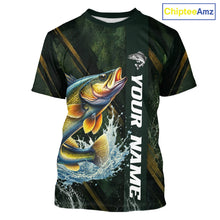 Load image into Gallery viewer, Personalized T-Shirts Walleye Fishing Jersey – Green Angler Shirt Custom Name, Fishing Gift For Men NHT876