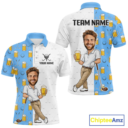 Custom Golf Polo With Face Funny Golfer Beer Lover Gift For Men|Blue 