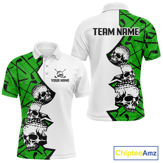 Custom Skull Mens Golf Polo Shirt Personalized Name, Golf Team Polo Jersey| Green