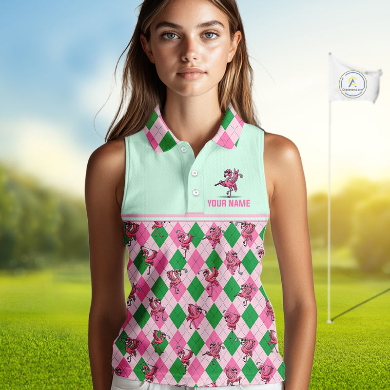 A woman modeling a sleeveless polo shirt with a mint green collar and a pink and green argyle pattern featuring cartoon pigs and the text 'YOUR NAME' on the chest, set against a blurred golf course background