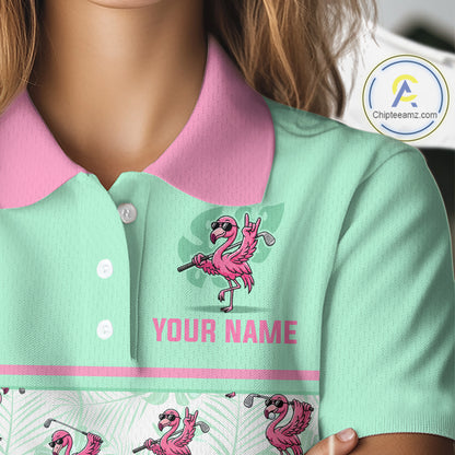 A close-up of a person wearing a mint green polo shirt with a pink collar and pink flamingo graphics, including one holding a golf club and the text 'YOUR NAME'. A circular 'Chipteamz.