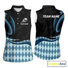 Load image into Gallery viewer, Personalized Womens Sleeveless Golf Polo Shirt Custom Name, Black Blue Argyle Golf Team Polo 
