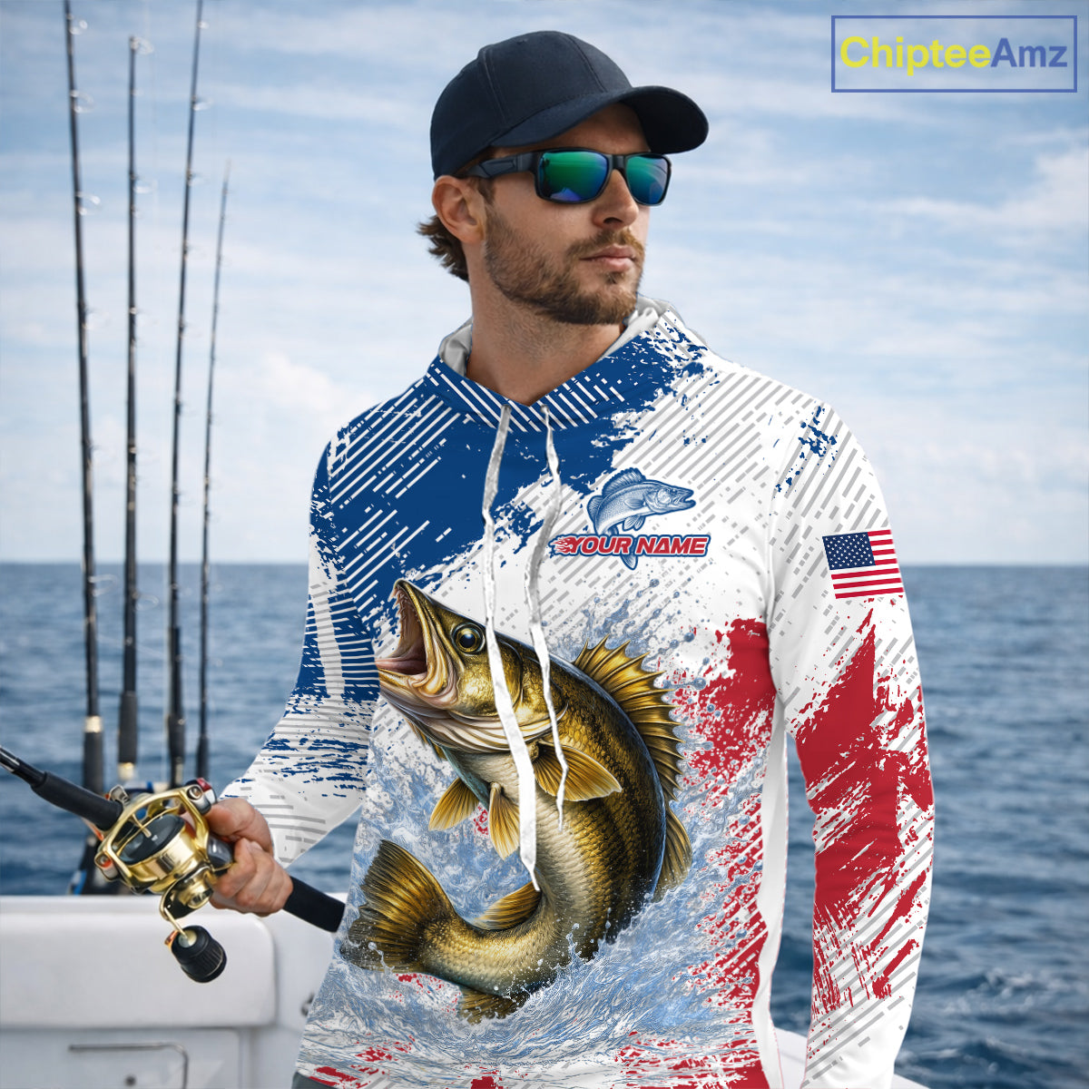 Custom Patriotic American Flag Walleye Hooded Fishing Shirts Long Sleeve, Fishing Tournament Jerseys NHT549