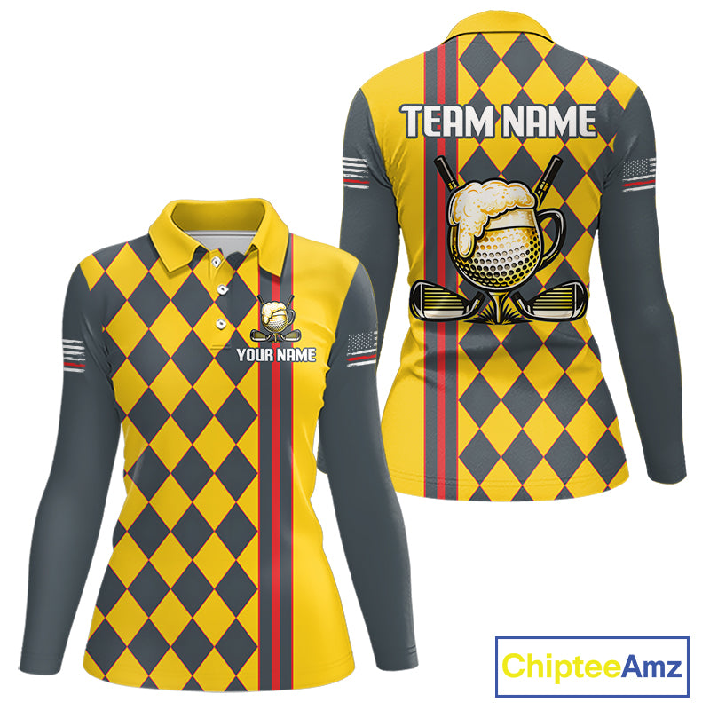 Personalized Womens Golf Polo Shirt Beer And Golf Ball Graphic Custom Team Name Golf Jersey|Yellow 