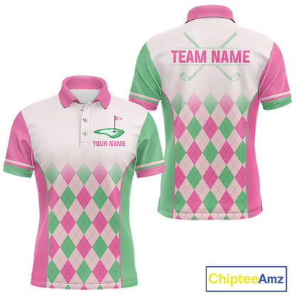 Argyle Pattern Golf Polo Shirts For Mens Custom Name, Golf Pattern Pink Green Shirt Gifts NHT930