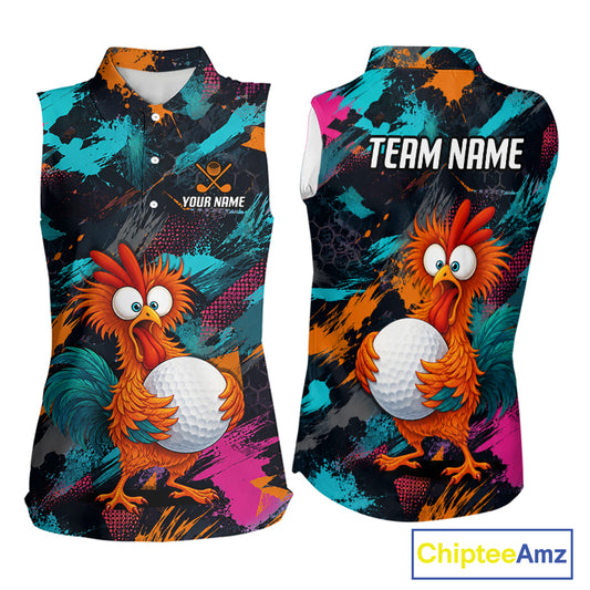 Front and back views of a sleeveless collared golf shirt featuring a colorful cartoon rooster holding a golf ball, set against a black background with vibrant teal, orange, and pink paint splatters. The front has a placeholder logo and text, while the back displays 'TEAM NAME' in white.