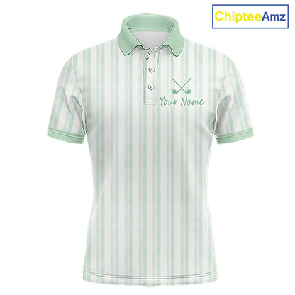 Personalized mint green striped golf polo shirt for men with custom team name