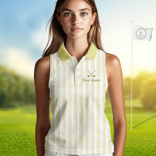 Load image into Gallery viewer, Personalized Womens Sleeveless Golf Polo Shirt Mint Yellow Striped Custom Team Name Polo For Womens NHT940