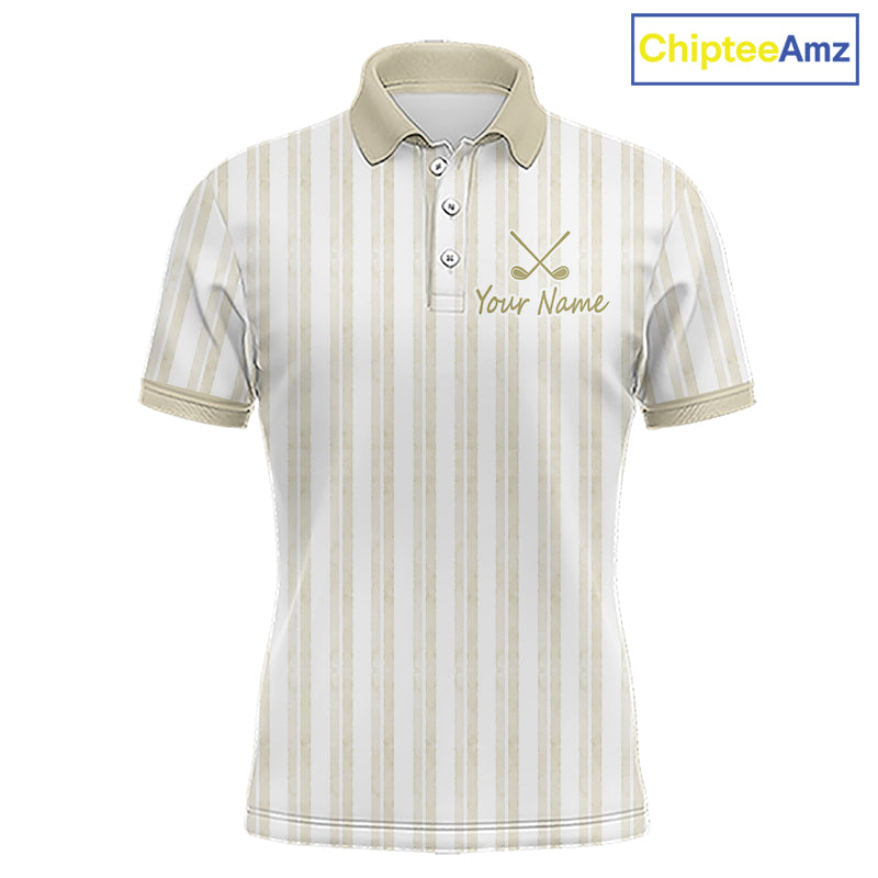 Personalized beige striped golf polo shirt for men with custom team name 