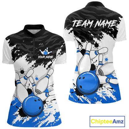 Front and back views of a women's short-sleeve polo bowling shirt on a white background. The shirt features a black and white splatter design with blue bowling balls and pins, customizable text areas, and a ChipteeAmz logo in the bottom right corner.