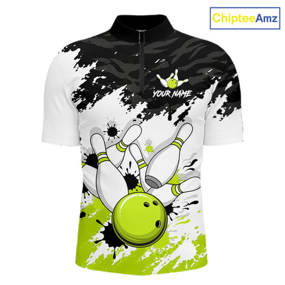 A short-sleeve quarter-zip bowling-themed polo shirt with a black and white paint-splatter background, white bowling pins, and a bright lime green bowling ball graphic. The shirt features a placeholder logo reading 'YOUR NAME' and a 'ChipteeAmz' brand watermark in the top right corner.