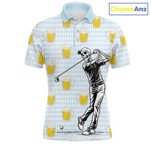 Load image into Gallery viewer, Funny Skull Golf Polo Shirts Beer Blue Argyle Pattern Custom Name Skull Playing Golf Apparel NBT629