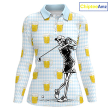 Load image into Gallery viewer, Funny Skull Golf Polo Shirts Beer Blue Argyle Pattern Custom Name Skull Playing Golf Apparel NBT629