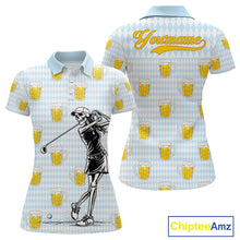 Load image into Gallery viewer, Funny Skull Golf Polo Shirts Beer Blue Argyle Pattern Custom Name Skull Playing Golf Apparel NBT629