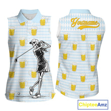 Load image into Gallery viewer, Funny Skull Womens Sleeveless Golf Polo Shirts Beer Blue Argyle Pattern Custom Name Skull Playing Golf Apparel NBT629