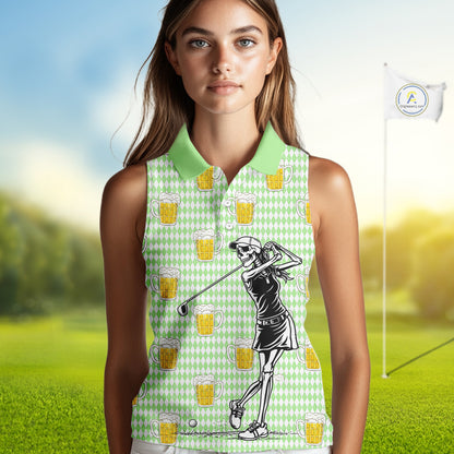 Funny Skull Womens Sleeveless Golf Polo Shirts Beer Green Argyle Pattern Custom Name Skull Playing Golf Apparel NBT630