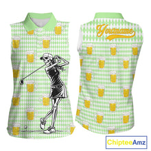 Load image into Gallery viewer, Funny Skull Womens Sleeveless Golf Polo Shirts Beer Green Argyle Pattern Custom Name Skull Playing Golf Apparel NBT630