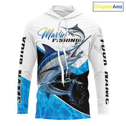 Custom Marlin Saltwater Fishing Shirt Long Sleeve Hooded Designed For Deep Sea Anglers 