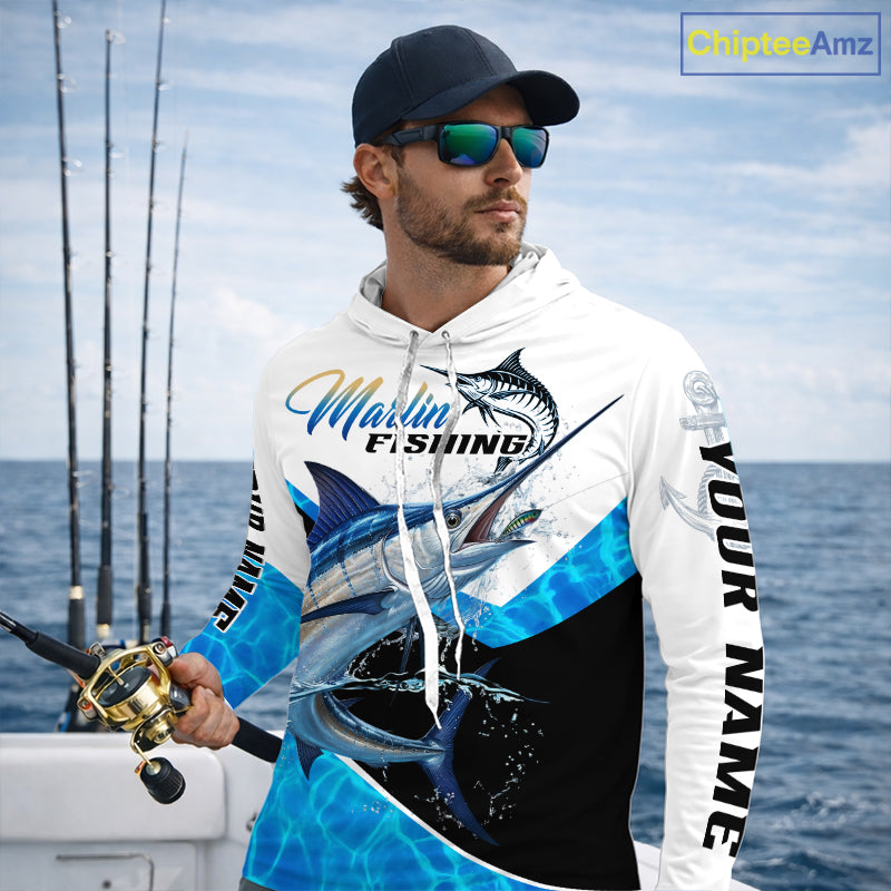 Custom Marlin Saltwater Fishing Shirt Long Sleeve Hooded Designed For Deep Sea Anglers 