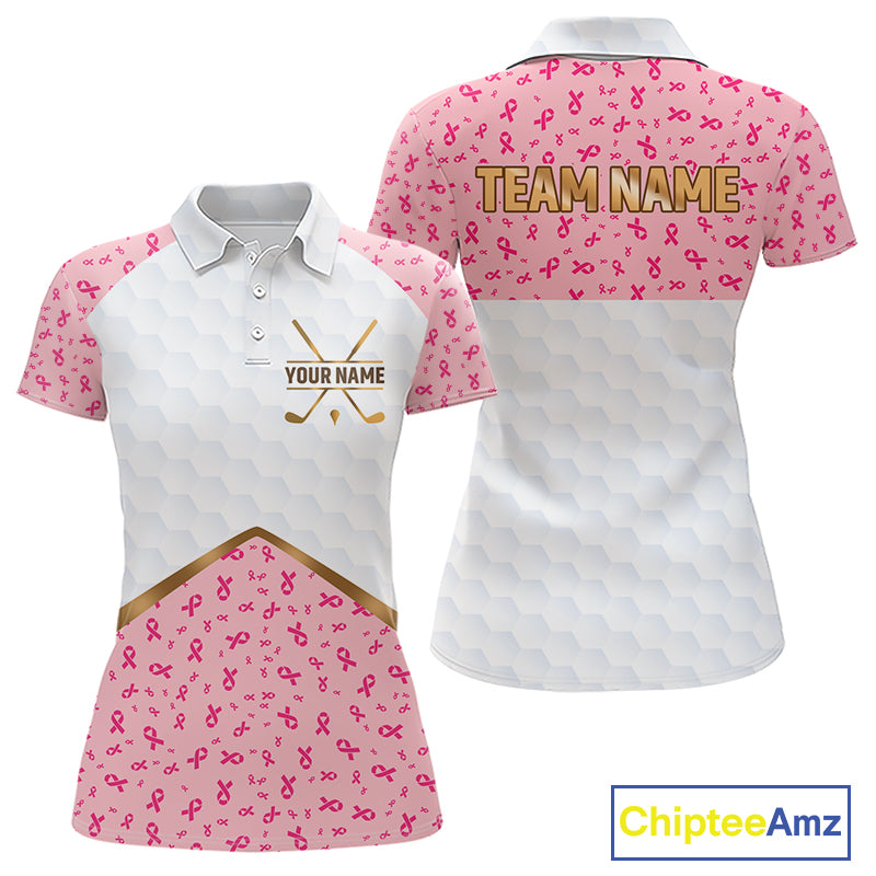 Custom Pink Ribbon Pattern Breast Cancer Golf Shirts For Womens, Breast Cancer Golf Jersey NHT797