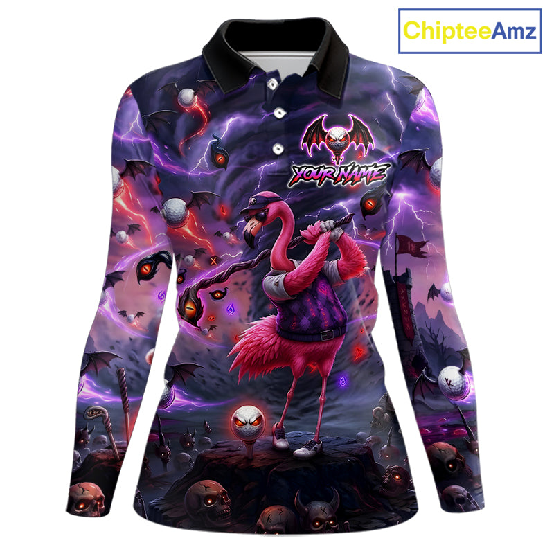 Personalized Womens Golf Polo Shirts Angry Flamingo Golfer Gothic Lightning Theme Team Name Shirt NHT804