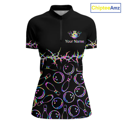 A women's short-sleeve black polo-style shirt with a half-zip collar, featuring a neon rainbow bowling-themed print with bowling pins, bowling balls, and thorny decorative lines. The chest has a crown graphic and the text 'Your Name' for personalization, with a 'ChipteeAmz' logo in the top right corner.