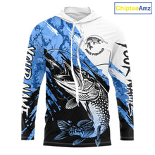 Load image into Gallery viewer, Personalized Blue Northern Pike Fishing Jersey, Team Pike Fishing Long Sleeve Hooded Tournament Shirt NHT818