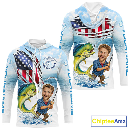 Personalized Mahi Mahi Fishing Shirts Long Sleeve Hooded Custom Face Mahi Mahi Fishing Patriot Shirt  NHT606