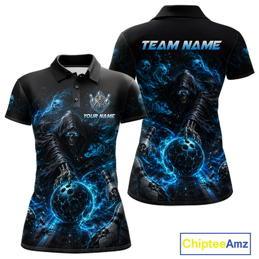Custom Blue Fire Grim Reaper Bowling Jersey for Women | Team Polo & 1/4 Zip