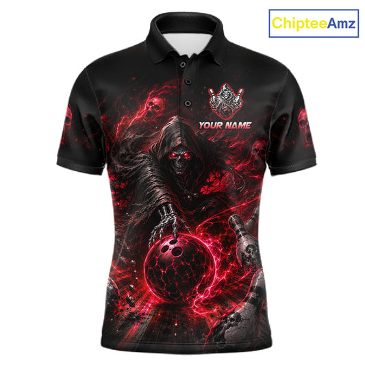 Custom Red Fire Grim Reaper Bowling Jersey for Men | Team Polo & 1/4 Zip