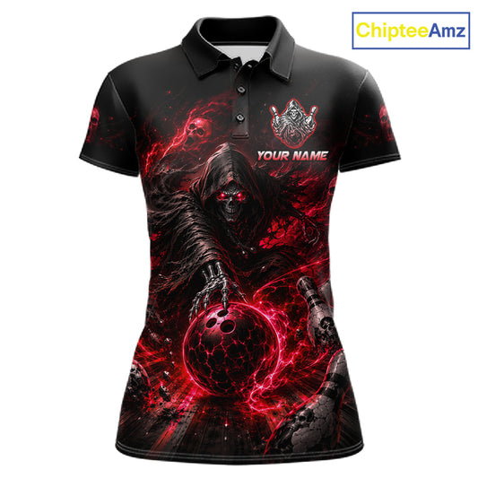 Custom Red Fire Grim Reaper Bowling Jersey for Women | Team Polo & 1/4 Zip