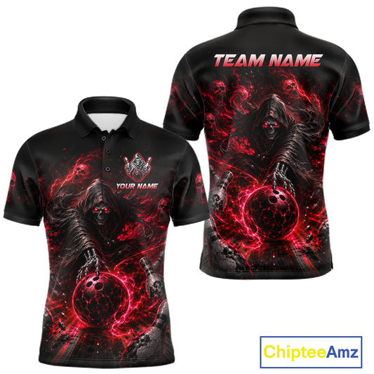 Black polo shirt with red and black design featuring a skeleton holding a ball, with 'Team Name' text on the back and space for personalization on the front.