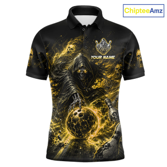 Custom Yellow Fire Grim Reaper Bowling Jersey for Men | Team Polo & 1/4 Zip