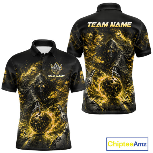 Black and gold polo shirt with grim reaper design and 'Team Name' text on a white background.