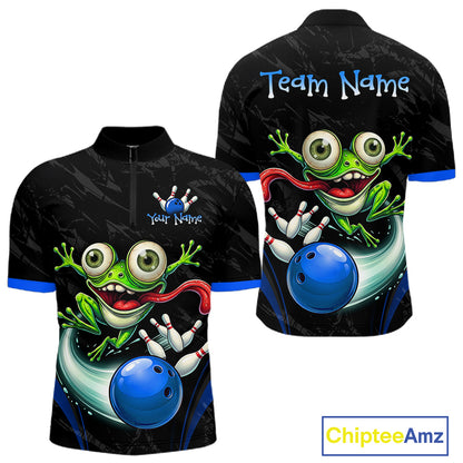 Custom short-sleeve zip-up cycling jerseys shown from the front and back, featuring a cartoon green frog holding bowling pins and a blue bowling ball on a black patterned background with blue trim.