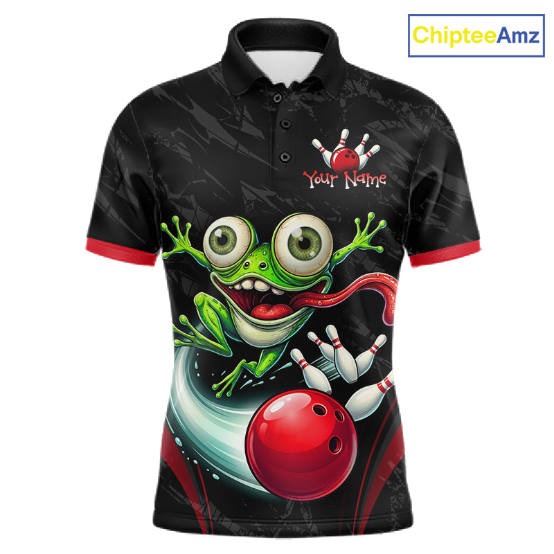 A black short-sleeve polo shirt with a colorful graphic of a green cartoon frog, a red bowling ball, and bowling pins. The shirt has red trim on the collar and sleeve cuffs, and a 'Your Name' placeholder logo on the chest.