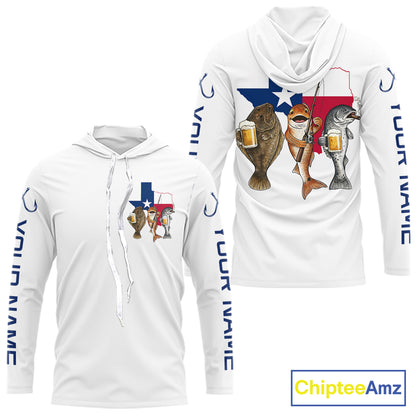 Texas Slam Funny Fishing Redfish, Trout, Flounder Fishing Shirts Long Sleeve Hooded For Men| White NHT843