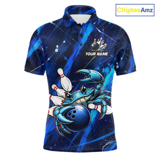Personalized Blue Crab Bowling Shirt, Custom Royal Blue Splatter Jersey Polo & Quarter-Zip 