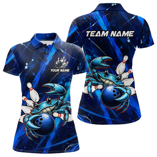 Personalized Blue Crab Women Bowling Shirt, Custom Royal Blue Splatter Jersey Polo & Quarter-Zip 