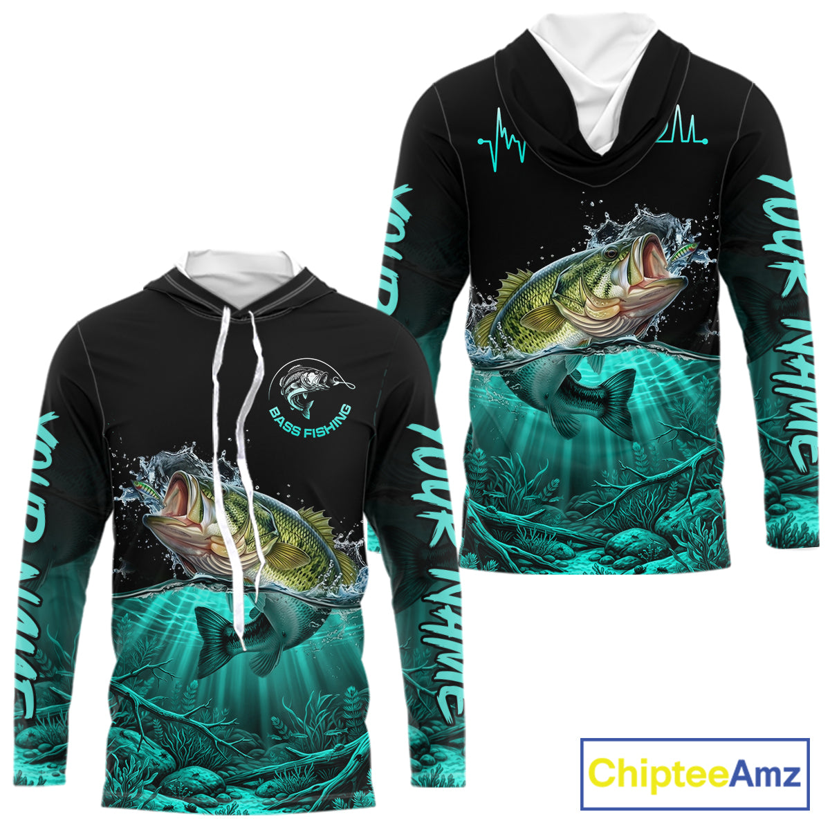 Largemouth Bass Fishing Shirt Long Sleeve Hooded For Tournament – Angler Gift For Men Dad| Turquoise NHT850