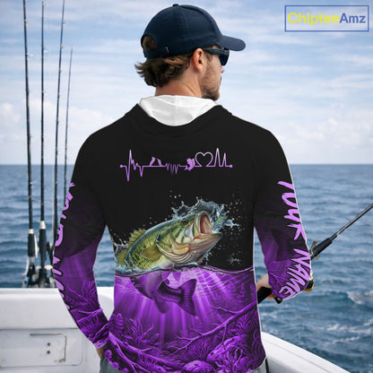 Largemouth Bass Fishing Shirt Long Sleeve Hooded For Tournament – Angler Gift For Men Dad| Purple NHT852