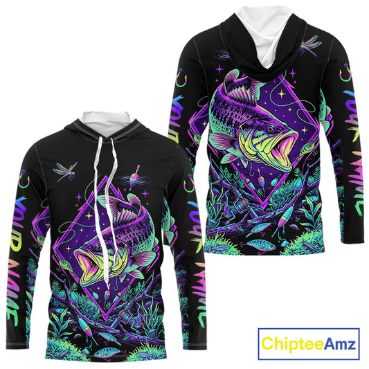 Neon Bass Fishing Shirts Long Sleeve Hooded  – Largemouth Bass Galaxy Glow Graphic Gift For Men Dad  NHT853