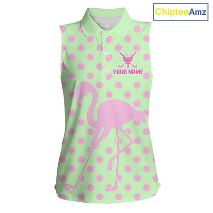 Women's Sleeveless Flamingo Golf Polo Shirt – Personalized Pink Flamingo Golf Jersey With Custom Name