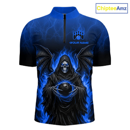 A short-sleeve half-zip cycling jersey featuring a dark blue and black graphic of a hooded grim reaper with bat wings holding a bowling ball, with blue lightning effects. The chest has a placeholder logo and text reading 'YOUR NAME'.