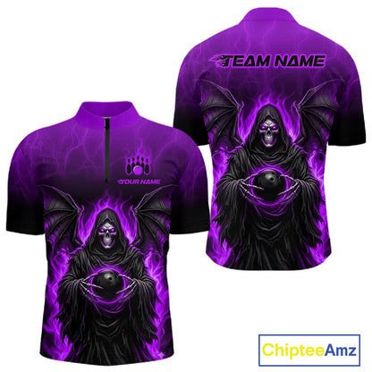 A short-sleeve cycling jersey shown from both front and back on a white background. The jersey features a dark grim reaper graphic surrounded by vivid purple flames and lightning, with customizable text placeholders 'TEAM NAME' and 'YOUR NAME'.