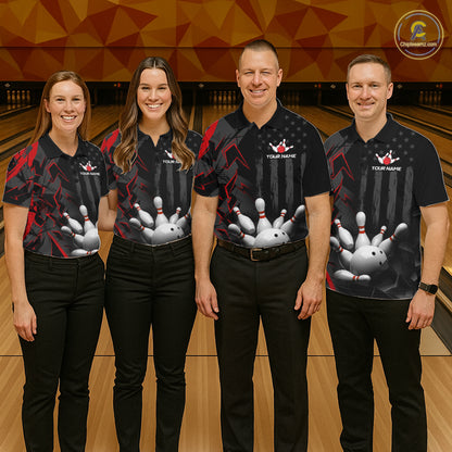 Custom Bowling Team Men Polo Shirt Quarter Zip 1/4 Personalized Name Performance Bowling Jersey|Red NHT1330