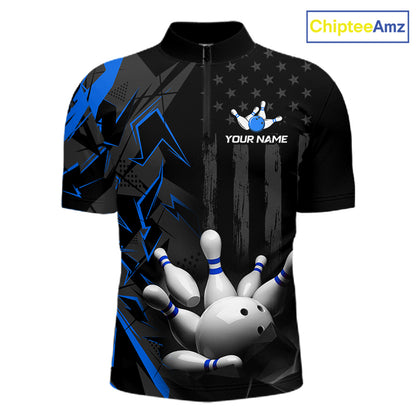 Custom Bowling Team Men Polo Shirt Quarter Zip 1/4 Personalized Name Performance Bowling Jersey|Blue NHT1331